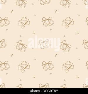 Vector seamless pattern with bagels and bows. Sweet seamless pattern with Christmas sweets and pastries. Golden bagels on beige pastel background. Vector illustration. Stock Vector