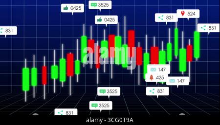 Displaying candlestick chart floating in grid space, with green and red bars and social icons Stock Photo