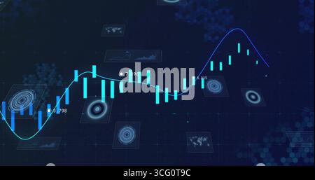Displaying glowing cyan candlestick bars and blue trend line on trading dashboard, with data panels Stock Photo