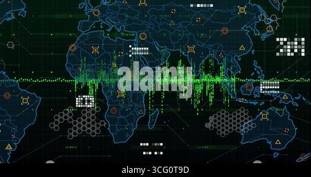 Displaying global data map showing green waveform on analytics screen, with hexagonal clusters Stock Photo