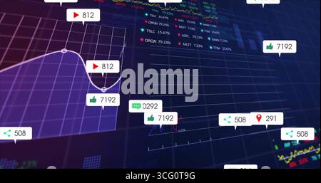 Displaying dashboard showing purple grid-based line charts on screen, with social engagement icons Stock Photo