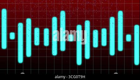 Displaying glowing cyan bars forming audio waveform rising on dark red display grid, with speckles Stock Photo
