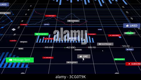 Displaying data on virtual grid plane showing charts, notifications and cursor pointing at LIKE Stock Photo