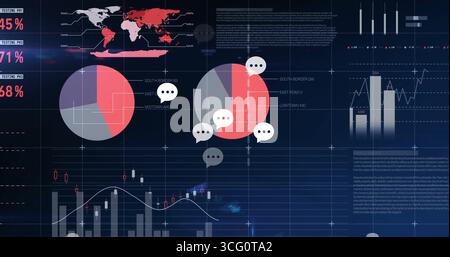 Dashboard displaying visuals on dark UI, with world map, pie charts, bar-line charts, speech icons Stock Photo