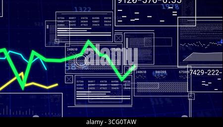 Displaying data visualization dashboard interface in analytics software, with neon green line chart Stock Photo