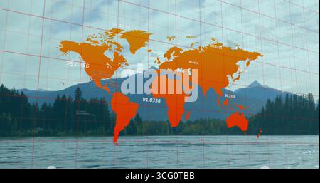 Displaying orange world map overlay over alpine lakeshore, with red grid lines and lake buoys Stock Photo