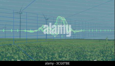 Displaying 3D grid overlay visualizing energy data over wind farm field, with green waveform line Stock Photo