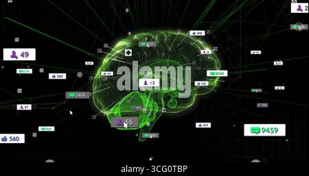 Floating translucent green wireframe brain model in cyberspace with neon notifications and nodes Stock Photo