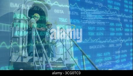 Maintenance engineers inspecting hatch access on airport platform, tablet and stock overlay Stock Photo