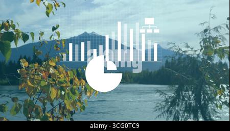 Displaying white translucent bar and pie chart graphic over lake with forest edge, grid overlay Stock Photo
