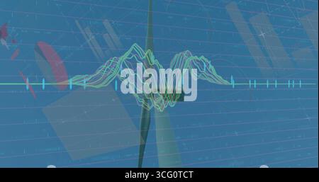Displaying wind turbine with rotor hub and blades in data interface, waveform lines and chart axes Stock Photo