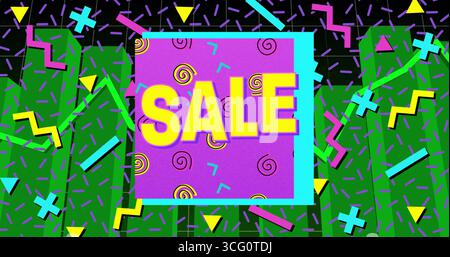 Displaying purple square with teal border featuring bold yellow SALE text in display, neon shapes Stock Photo