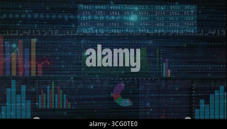 Displaying dashboard showing charts on dark screen, with line graph, numeric panel and bar charts Stock Photo