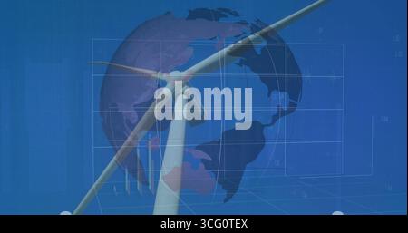 Displaying white wind turbine tower crossing clear globe on blue data charts, with overlays Stock Photo