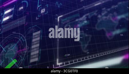 Animating UI panels projecting line charts and bar graphs in virtual dashboard, with neon markers Stock Photo