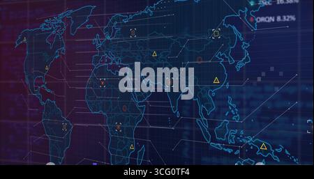 Displaying neon-blue world map glowing over dark grid backdrop, with network lines and data icons Stock Photo