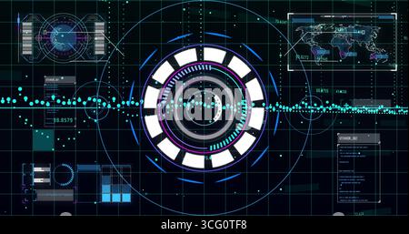 Displaying HUD central holographic gauge on grid interface, with teal data line and map panel Stock Photo