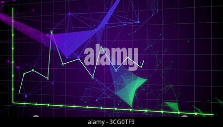 Displaying neon green line graph rising on dark purple grid interface, with glowing mesh networks Stock Photo