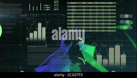 Displaying digital dashboard on dark grid background with line graph, gauges, financial index table Stock Photo