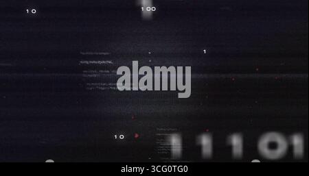Binary digits glitching in corrupt screen with static noise lines, red pixels, blurred clusters Stock Photo