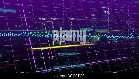 Displaying data chart on console grid matrix, showing yellow trend line, teal points, green markers Stock Photo