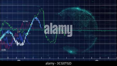 Displaying fluctuating colored graphs with percentages on dashboard, with glowing particle cluster Stock Photo