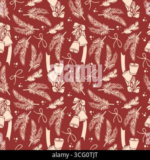 Christmas vintage seamless pattern with fir branches and Christmas decorations for wrapping paper. Christmas beige retro bells, branches, bows on red background. Winter background. Vector illustration. Stock Vector