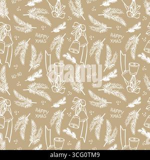 Christmas vintage seamless pattern with fir branches and Christmas decorations for wrapping paper. Christmas retro bells, branches, bows on beige background. Winter background. Vector illustration. Stock Vector
