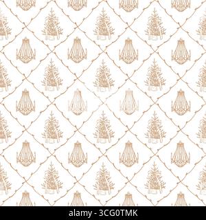 Vintage vector pattern with Christmas tree and crystal chandelier. New Year golden pine trees and festive chandeliers on white background. Pattern in Stock Vector