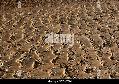 Golden wet Sand texture as natural background banner. Close up sandy pattern from sea waves, light pastel color, minimal nature backdrop, beautiful be Stock Photo