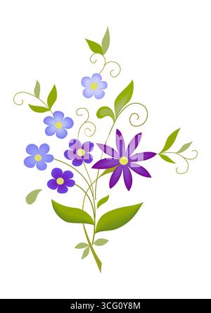 Bouquet of flowers in folk style. Delicate blue purple flowers and green leaves. Graceful spring bouquet vector illustration. Plant composition. Holid Stock Vector
