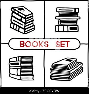 Doodle pile of books icons set hand drawn with black line in freehand style. Vector illustration isolated on white background Stock Vector