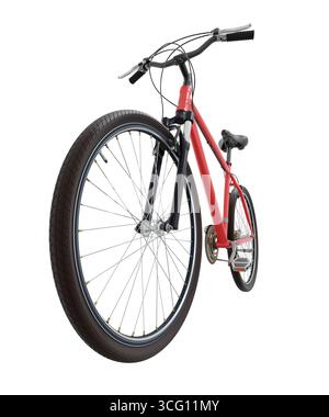 Red bicycle, front side view with wide angle shot of the front wheel. Black leather saddle and handles. Isolated on white background, 3D illustration Stock Photo
