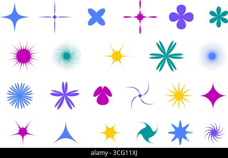 Set of colorful star and sparkle vector shapes. Decorative flashes, bursts, and twinkles in retro Y2K style. Abstract geometric icons for UI, stickers Stock Vector
