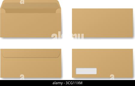 Brown envelope mockup. Front and back side. Open and closed envelopes. Business correspondence. Address window Stock Vector