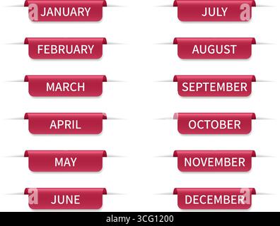 Months of the year. Set of thin bookmarks. Red stickers or folded notes. 3d labels with shadows. Calendar or planner, schedule organizer. Twelve month Stock Vector