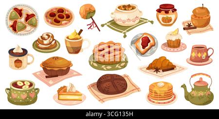 Autumn food and drink icons set. Vector fall meal for seasonal celebration or festive. Natural and organic nutrition. Pumpkin pie and tea kettle, bread and pancake, coffee and soup. Cooking, kitchen. Stock Vector