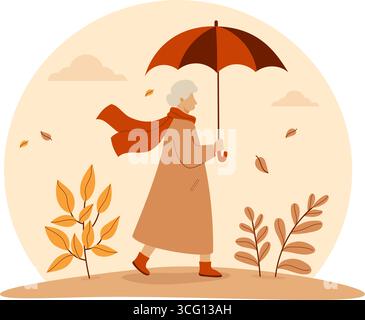 Autumn Elderly gray-haired woman in coat and scarf with umbrella and falling leaves. Seasonal fall scene background banner. Vector illustration in fla Stock Vector