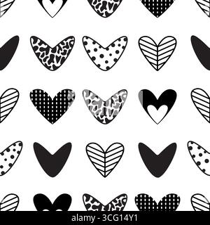 Vector seamless pattern, cute hearts filled with different patterns, monochrome endless background Stock Vector