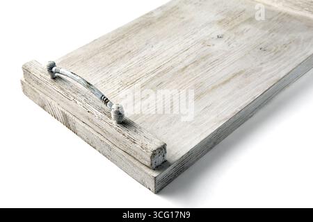 empty white wooden tray isolated on white background. Stock Photo