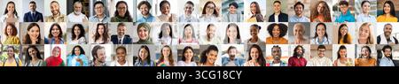 A vibrant collage features individuals from diverse backgrounds smiling joyfully Stock Photo