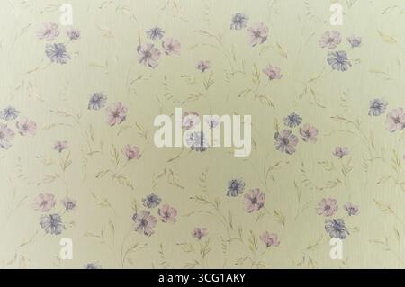 A floral patterned wall with a light green background. The flowers are purple and pink. The pattern is very intricate and detailed Stock Photo