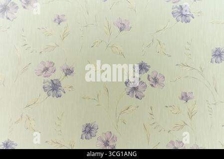 A floral patterned wall with a light green background. The flowers are purple and pink. The pattern is very intricate and detailed Stock Photo
