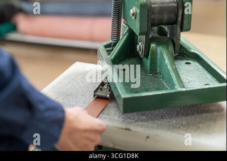 A woman makes holes in a leather belt in a workshop. Stock Photo