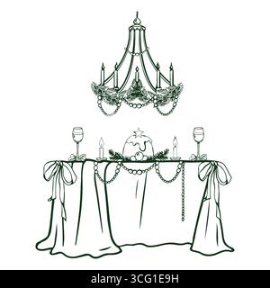 Outline illustration of Christmas dinner. New Years table. Monochrome Christmas composition isolated on white background. Vector illustrations for New Year greetings or party invitations. Vintage Christmas graphics. Stock Vector
