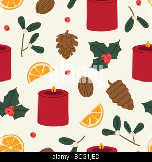 seamless advent pattern with candles, pine cones, slices of orange, mistleotoes, and holly berries; cozy holiday arrangement, winter seasonal decorati Stock Vector