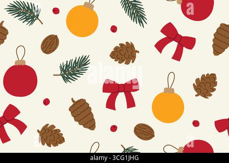 christmas seamless pattern with fir tree, red bow, baubles, pine cones, berries, hazelnuts; festive holiday background for wrapping paper, textiles, a Stock Vector