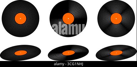 Set of vinyl records. Turntable long play music plates isolated on white background. DJ discs for techno party. 70s 80s 90s night club discotheque nostalgia concept. Vector flat illustration. Stock Vector