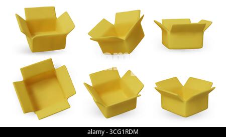 3D render of empty bright yellow open boxes in multiple perspectives. Perfect for UI UX design, product mockups, and digital marketing assets. Stock Vector