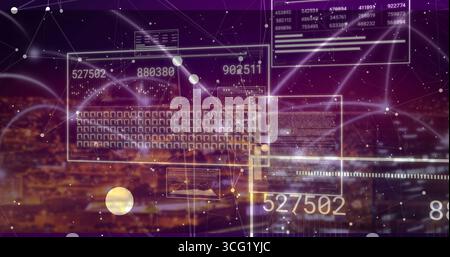 Displaying holographic keyboard showing streaming data and labels in virtual cityscape, with nodes Stock Photo